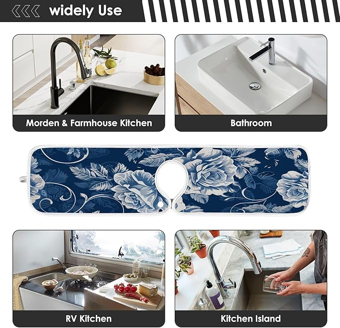 2 PCS Kitchen Sink Splash Guard 14.9 Inch Faucet Mat for Kitchen Sink Bathroom Sink Faucet Absorbing Drip Drain Mat Pad Microfiber Soft Washable Navy Blue Roses and Butterflies