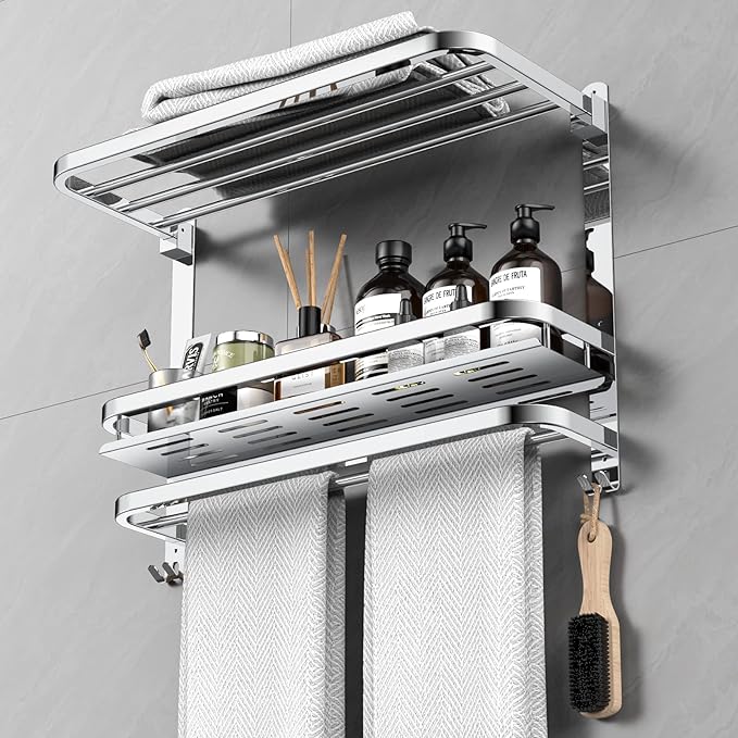 22.8Inch Towel Rack for Bathroom and Lavatory Towel Hanger with Wall Mount Towel Bars 304 Stainless Steel No Drill (Collapsible Towel Rack with Bathroom Organize Shower Shelves)