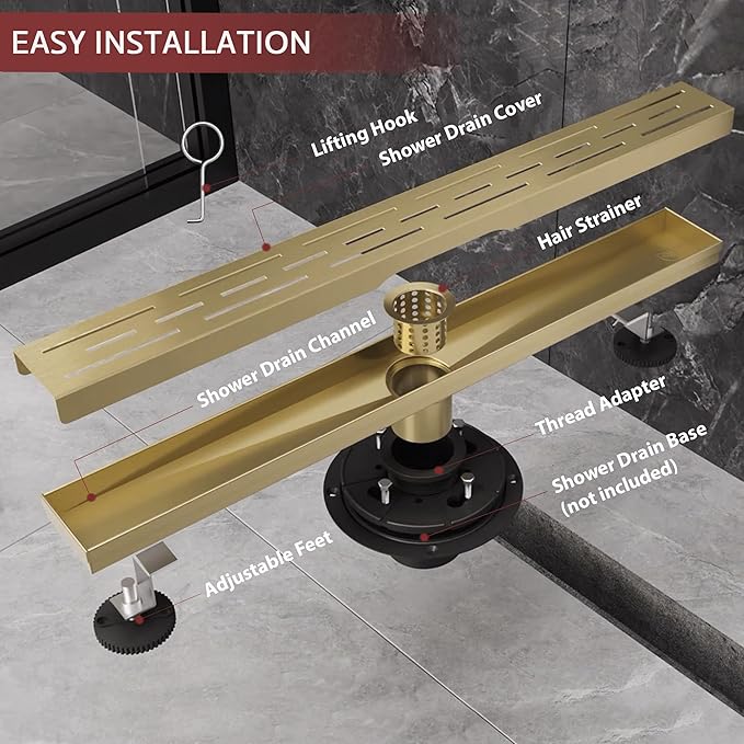 12 Inch Linear Shower Drain, Brushed Gold Shower Drain,Removable Grate, 304 Stainless Steel, Easy to Install and Clean for Bathrooms (Drain Base Not Included), LSD-01A-12G