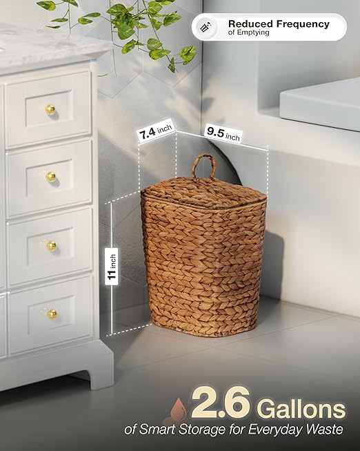 BLUEWEST 2.6 Gallon Wicker Trash Can with Lid, Handwoven Rattan Trash Can, Woven Decorative Wastebasket, Wicker Waste Basket with Removable Plastic Inner Bin for Bathroom, Bedroom, Office, or Kitchen