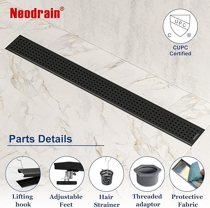 Neodrain 28-Inch Black Linear Shower Drain with Removable Quadrato Pattern Grate,Professional 304 Stainless Steel Rectangle Shower Floor Drain Manufacturer,Leveling Feet,Hair Strainer,Matte Black