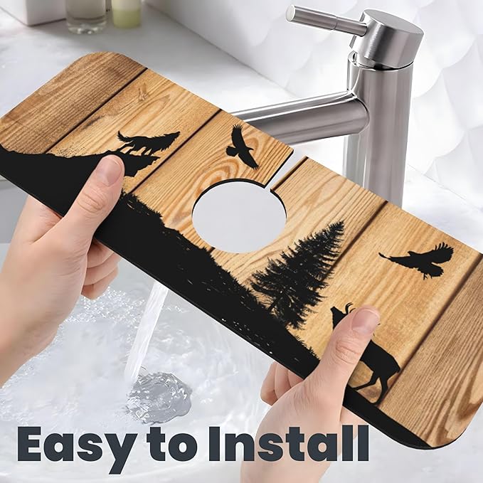Retro Rustic Wolf Deer Forest Brown Wood Dish Drying Mat for Kitchen Counter, 18"x24" Microfiber Absorbent Fast Dry Mat, 2Pcs Dish Mat Faucet Mats Sets, Large Drying Kitchen Mat Kitchen Drying Pad