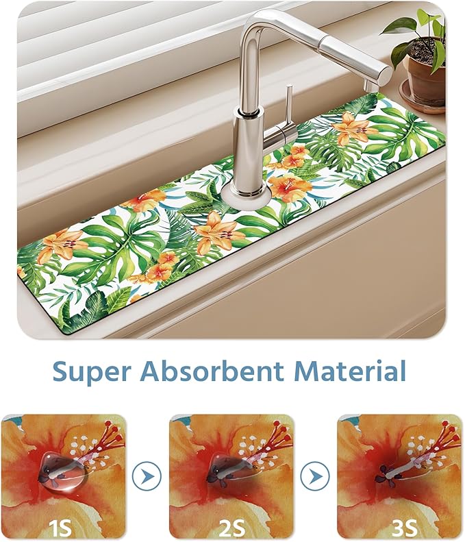 Patterned Sink Faucet Mat Kitchen Splash Guard Super Absorbent Drying Mat, Non-Slip Drain Pad for Kitchen Counter or Bathroom-24x5.5in