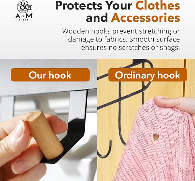 A&M Shops Over The Door Hanger - Heavy Duty Metal Door Hanger with Lotus Wood Tip for Bathroom & Bedroom - Coat Rack Organizer with 5 Stylish Towel Hooks for Door, Clothes & Bags - Black - Pack of 2
