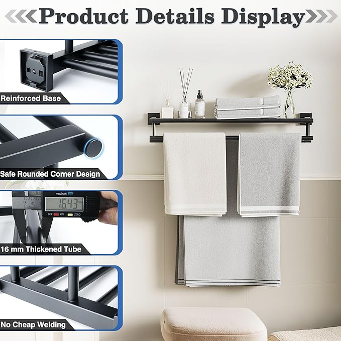Alise 20 Inch Towel Rack for Bathroom Wall Mount,Black Double Towel Bars with Shelf,SUS 304 Stainless Steel Bathroom Towel Holder Towel Hanger for Bathroom Walls,Matte Black