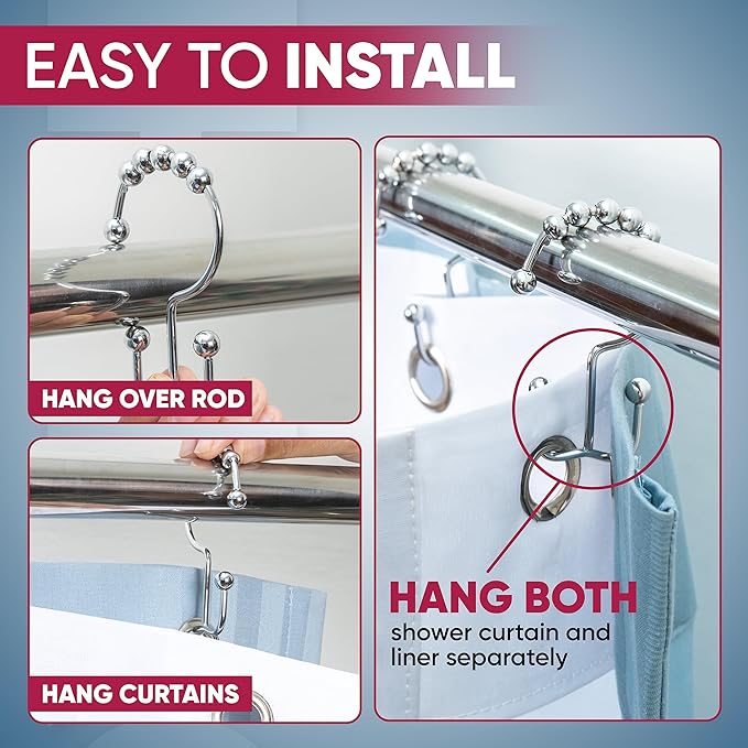 Shower Curtain Hooks Rust Proof (Set of 12) - Stainless Steel Shower Curtain Rings - Anti Slip Roller Balls for Easy Glide (Double Anchor Hooks, Chrome)