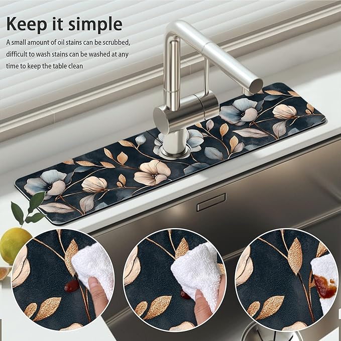 Bimkole 2 PCS Faucet Absorbent Mat, Kitchen Faucet Sink Splash Guard Wraparound Cloth Pads Drip Catcher for Sink Faucet for Kitchen Bathroom Faucet, Colorful Faucet Mat, 15 x 4 Inch Flower A4