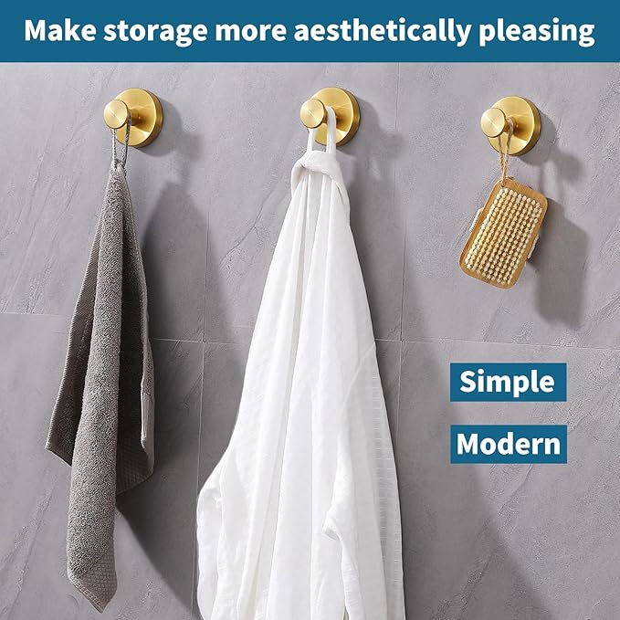 Suction Cup Hooks for Shower 2 Pack Stainless Steel No Drill Removable Waterproof Rustproof for Bathroom Kitchen Glass Mirror Tile to Hang Towels Robes Loofah Wreath (Brushed Gold)
