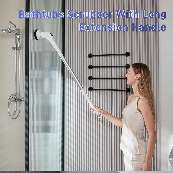 Electric Spin Scrubber - Bathtub Shower Scrubber,Bathroom Cleaning Brush Floor Brushes with Long Handle,Power Cordless Automatic Handheld Mop Cleaner for Bath Tub Kitchen Tile Grout Hardwood