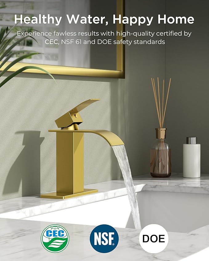 FORIOUS Brushed Gold Waterfall Bathroom Faucets 1 or 3 Hole, Vanity Single Bathroom Sink Faucet with cUPC Supply Line and Pop Up Drain, Suitable for Basin, Rv, Restroom Sink