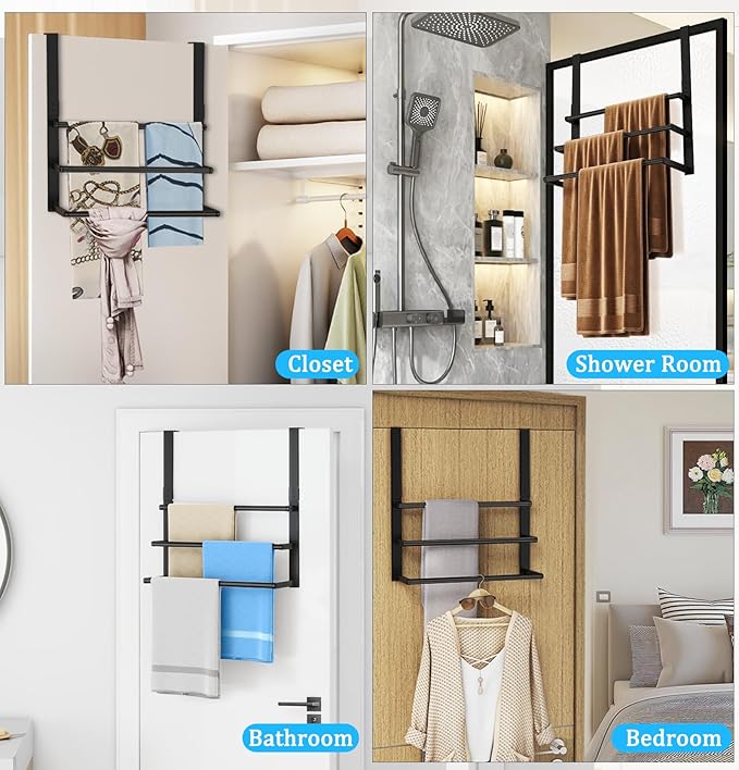 16Inch Over The Door Towel Rack, DOKU Stainless Steel Door Towel Hanger, Over Door Towel Holder with 3 Tier Towel Bars, Over Door Towel Storage for Bathroom, Matte Black