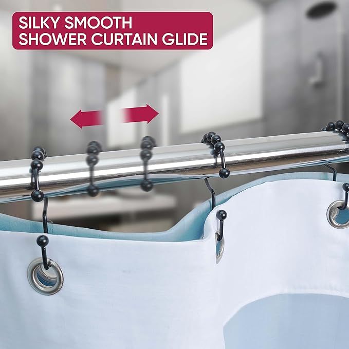 Shower Curtain Hooks Rust Proof (Set of 12) - Stainless Steel Shower Curtain Rings - Anti Slip Roller Balls for Easy Glide (Double Anchor Hooks, Matte Black)