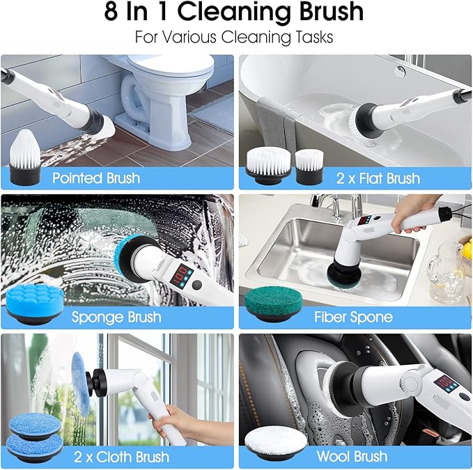 Electric Spin Scrubber, Shower Scrubber with Long Handle & 3 Speeds, 5200mAh Rechargeable Cordless Power Scrubber, Retractable & Adjustable Angle Spin Brush for Bathroom/Tub/Floor/Tile (Blue)
