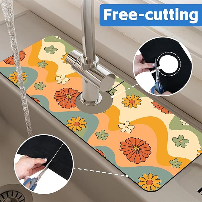 70s Groovy Flowers Sink Faucet Absorbing Mat Retro Waveas Splash Guard Behind Faucet Sink Mat Absorbent Fast Drying Faucet Draining Mat for Bathroom Kitchen 5.5"×15"