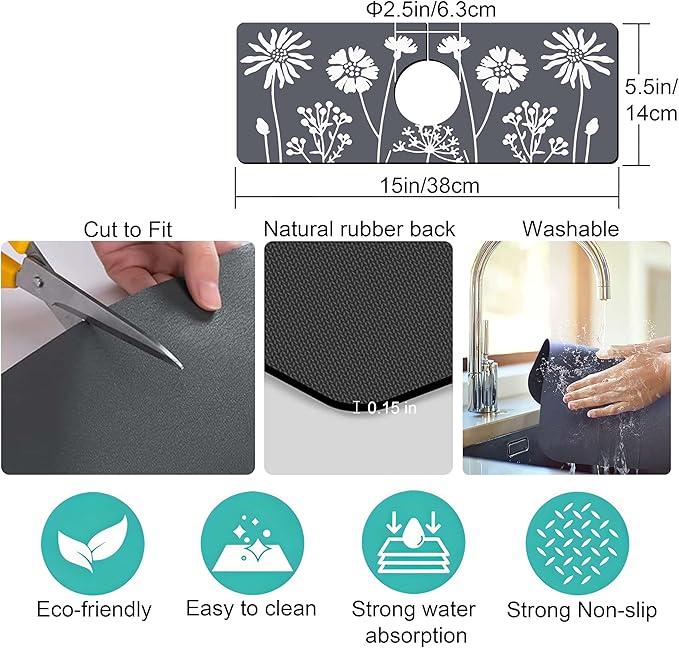 Kitchen Sink Splash Guard Faucet Mat -1 PC Super Absorbent Fast Drying Mat Sink Gadgets-Splash Guard Behind Faucet Drip Catcher for Kitchen, Bathroom,Sink Mat, Dish Drying Mat, Bathroom(15" X 5.5" )