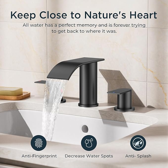 FORIOUS Upgrade Matte Black Bathroom Faucets 3 Hole, Waterfall 8 Inch Widespread Bathroom Sink Faucet with Pop-up Drain and Supply Lines, Two Handles for Vanity, Farmhouse, School Sink
