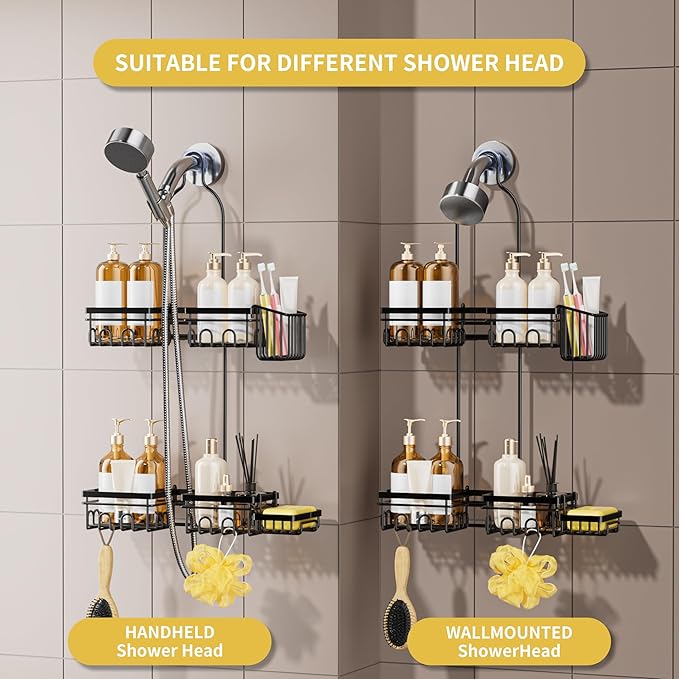 Shower Caddy Hanging - Shower Caddy for Handheld Shower Heads with Soap holder, Toothbrush Holder & Suction Hook, Universal 0.82-inch Fit with Non-Slip Rubber Pad, Black