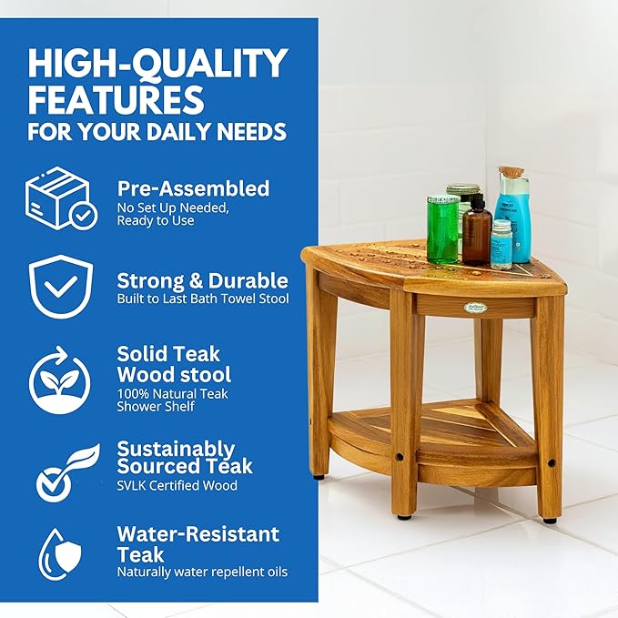 EcoDecors Fully Assembled SnazzyCorner® 18" Teak Shower Bench, Corner Shower Stool, w Shelf, Plus Loveable Teak Oil Spray Bottle 24 oz, Loveable Teak Cleaner 32 oz, Space Saver, Corner Bench