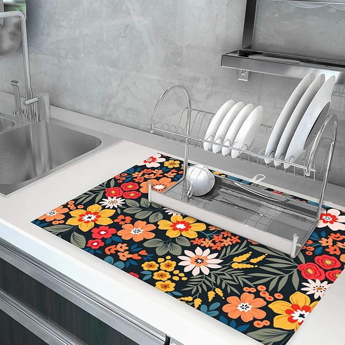 Large Dish Drying Mat for Kitchen Counter,18"X24" Colorful Flowers And Plants Absorbent Reversible Microfiber Dish Drying Mat Dish Drainer Mat,Dishes Mat Drying Pad for Kitchen Countertop Coffee Bar