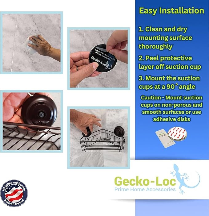 Gecko-Loc Corner Bathroom Shower Caddy shelf organizer suction cup wall storage basket - bath kitchen shampoo accessories shelves organizers caddies - Black