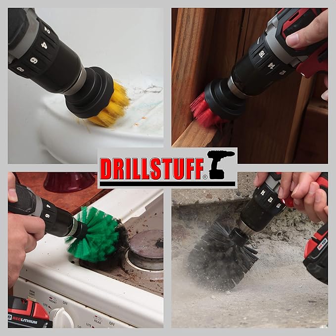 Power Scrubbing Brushes - Cordless Drill Attachment Set - Shower Cleaning Brush for Drill - Stiff Bristle Concrete/Deck Scrub Brushes - Kitchen Stove/Oven/Sink Scrubber - Safe BBQ Grill Cleaning