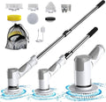 Electric Spin Scrubber, Scrub Brush Dual Speed, Power Shower Scrubber with 6 Replacement Head, Cordless Cleaning Brush with Extension Handle for Bathtub Grout Tile Floor, White