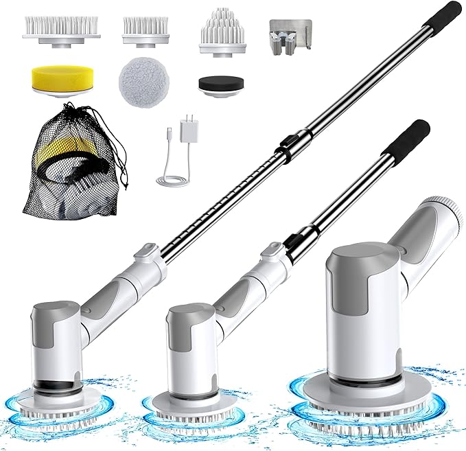 Electric Spin Scrubber, Scrub Brush Dual Speed, Power Shower Scrubber with 6 Replacement Head, Cordless Cleaning Brush with Extension Handle for Bathtub Grout Tile Floor, White