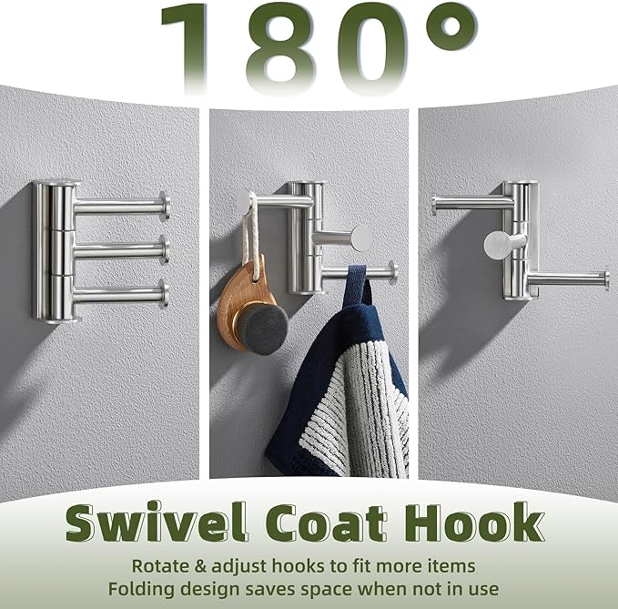 APLusee Brushed Nickel Swivel Coat Hook, 304 Stainless Steel Swivel Towel Hook for Bathroom with Multi 3 Rotating Arms, Wall Mounted