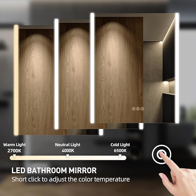 Medicine Cabinet with LED Lights and Mirror, 16 x 24 Inch Surface or Recessed Mounted Bathroom Cabinet with Door, Defogger, Memory Function, 3-Color Mode, Outlet&USB, Dimmer, Storage Shelf