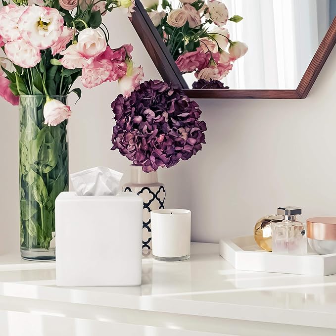 White Tissue Box Cover - Modern Tissue Holder, Lacquer High Gloss Finish & Rounded Edges - Cube Square Box. Bathroom, Desks, Kitchen Countertop, Dressers - Wont Move When You Pull a Tissue!
