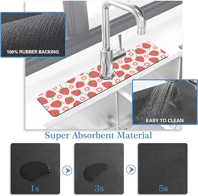 Faucet Mat for Kitchen Sink Beautiful Strawberry Flower, Soft Diatom Mud Material, Strong Water Absorption, Non-slip, Easy to Clean for Bathroom, Kitchen 23.5"X5.5"
