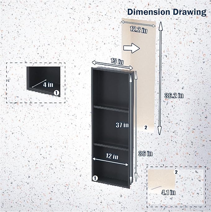 Black Stainless Steel Shower Niche 36" X 12" ，Recessed Shower Shelf for Bathroom Storage，Three-Tier Shelves， Matte Black (Black, 36 * 12 in)