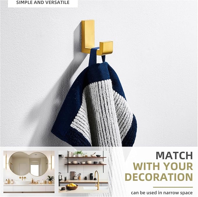 Angle Simple Towel Hook for Bathroom, SUS 304 Stainless Steel Shower Wall Coat Hook, Bath Robe Holder Hanger, Brassy Gold