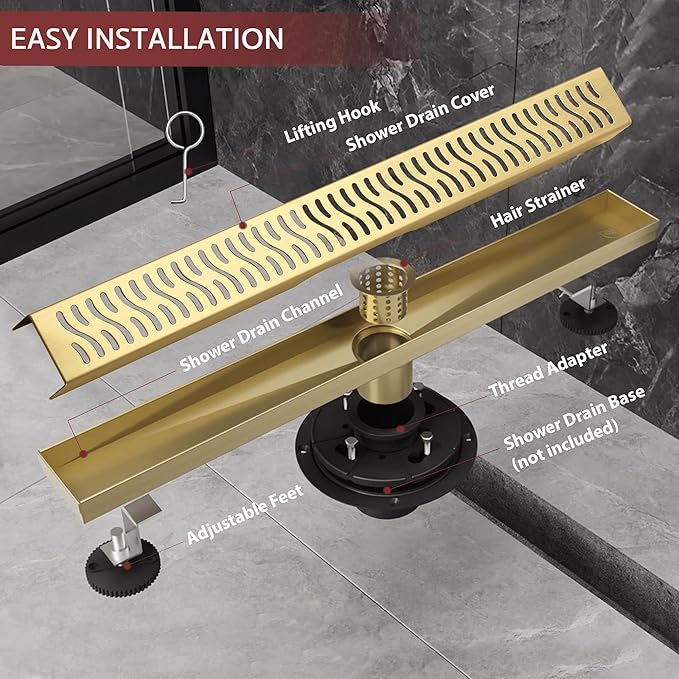 28 Inch Linear Shower Drain, Brushed Gold Shower Drain, Removable Grate, 304 Stainless Steel, Easy to Install and Clean for Bathrooms (Drain Base Not Included), LSD-51A-28G