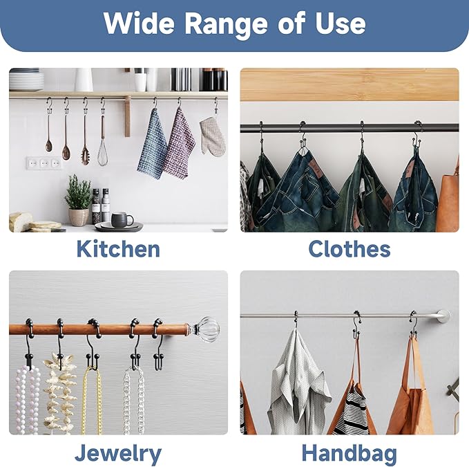 Titanker Shower Curtain Hooks Rings, Rust Resistant Metal Double Glide Shower Hooks Rings for Bathroom Shower Rods Curtains, Set of 24 Hooks - Black