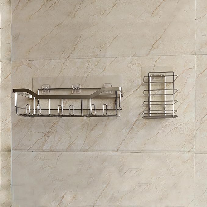 Bathroom Organizer 2 Pack with Shower Hooks,Shower Caddy,Stand Toothbrush Holder Wall Mounted,Durable,Rustproof,Waterproof,Scratch-Proof and Anti-Corrosion - Silver Toothbrush Holder
