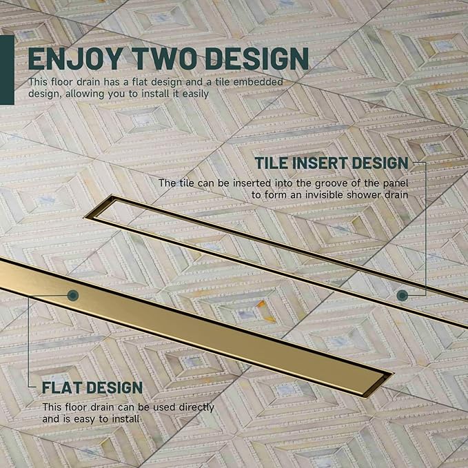 32-Inch Linear Shower Floor Drain, Stainless Steel Bathroom Floor Drains, Rectangular Shower Trench Floor Drain, Hair Strainer, Brushed Gold