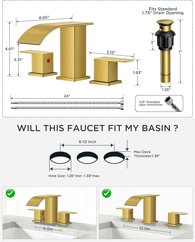 FORIOUS Brushed Gold Bathroom Faucets 3 Hole, Waterfall Square 8 Inch Widespread Bathroom Sink Faucet with Metal Pop-up Drain and Supply Lines, Two Handles for Vanity, Bath, Farmhouse