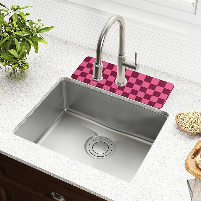 Checkered Hot Pink Kitchen Sink Splash Guard Sink Faucet Mat Faucet Handle Drip Catcher Drain Mats for Kitchen Bathroom Countertop Absorbent Dish Drying Pad 2Pack 30x5.4IN