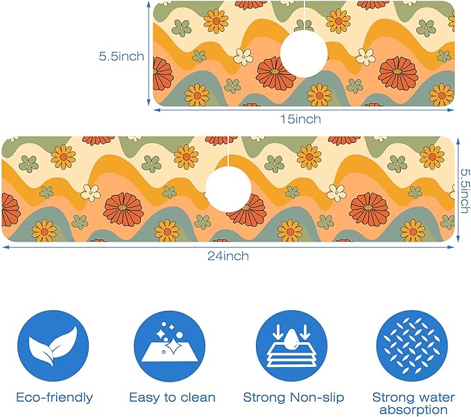 70s Groovy Flowers Sink Faucet Absorbing Mat Retro Waveas Splash Guard Behind Faucet Sink Mat Absorbent Fast Drying Faucet Draining Mat for Bathroom Kitchen 5.5"×15"