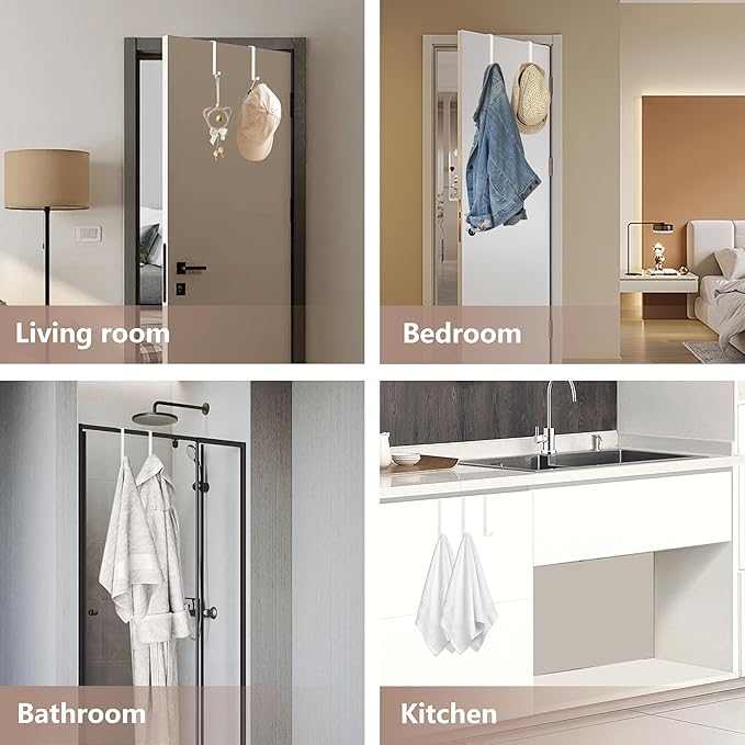 Over The Door Hooks, 2-Pack Heavy Duty Towel Rack Hanger for Bathroom, Bedroom, Dorm Room, Fixed Door Hooks for Hanging Robe, Coat, Towel, Organizer (White)