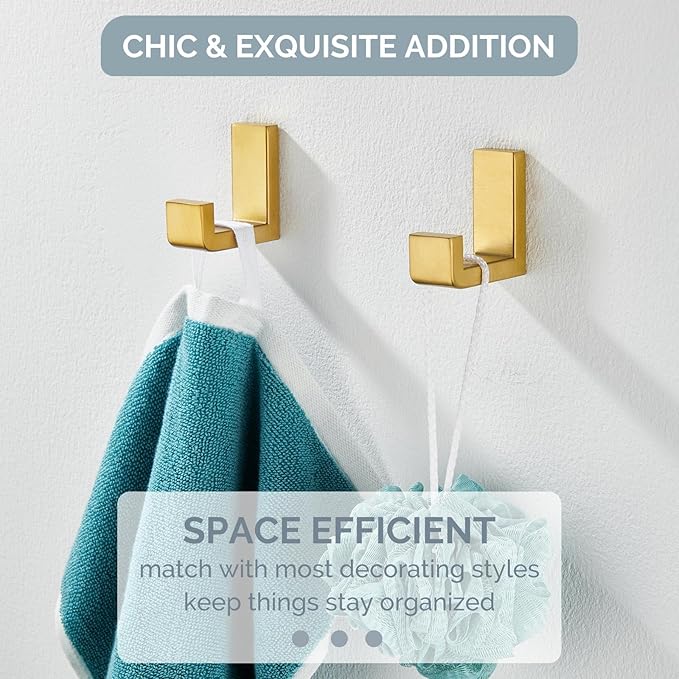 Angle Simple Towel Hook Brassy Gold 2 Pack, 304 Stainless Steel Robe Hook for Bathroom