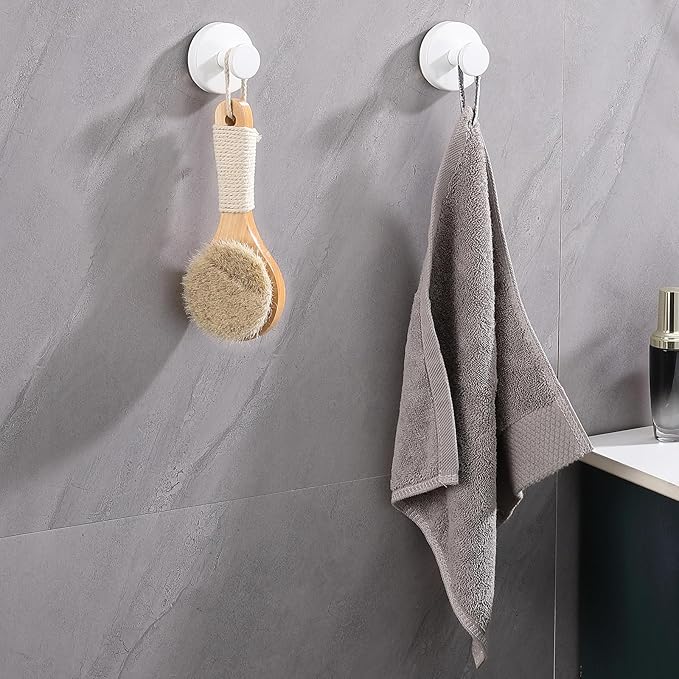 Suction Cup Hooks for Shower 2 Pack Stainless Steel No Drill Removable Waterproof Rustproof for Bathroom Kitchen Glass Mirror Tile to Hang Towels Robes Loofah Wreath (White)