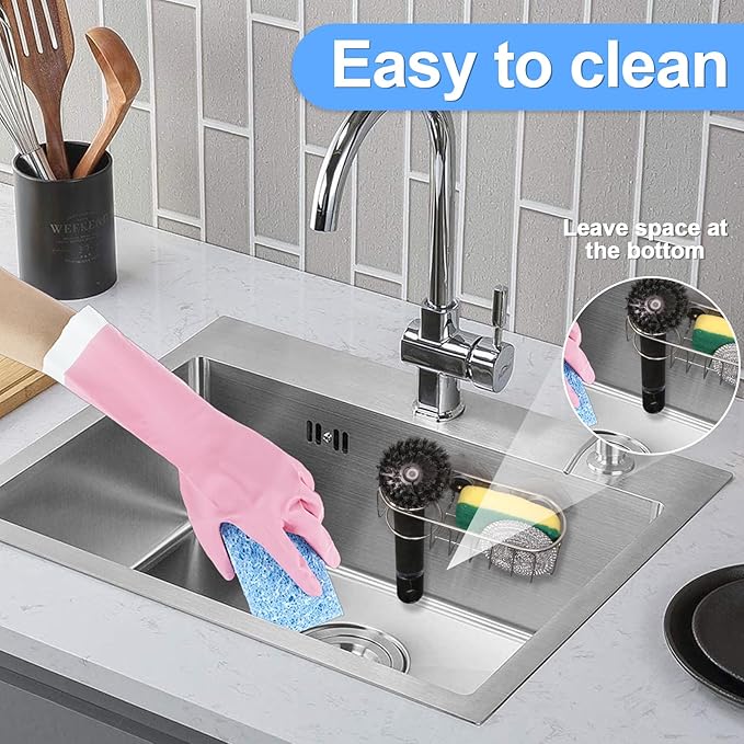 Sink Sponge Holder, Magnetic Kitchen Sink Caddy Holder, 304 Stainless Steel Sink Brush Holder+Sponge Holder, Two Suspension Modes, Sink Drain Frame- Silver (Traceless suction cup)