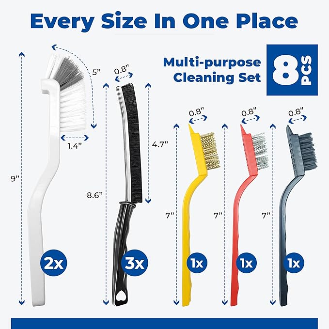 Multi-Purpose Cleaning Brush Set - with Stiff Nylon Bristles and Small Wire Brass/Steel Bristles, Crevice Cleaning Brush Ideal for Kitchen, Bathroom, Home, Window Tracks, Bathtub, Vehicle and More