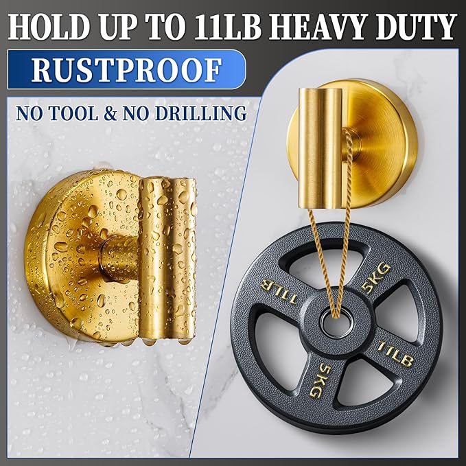 Suction Cup Hooks No Drill Stainless Steel Shower Hooks Towel Hook Robe Hook Heavy Duty on Smooth and Non-Porous Surfaces in Bathrooms Kitchen Bedroom (2, Brushed Gold)