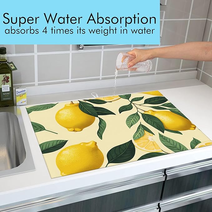Large Dish Drying Mat for Kitchen Counter,18"X24" Lemons and Green Leaves Absorbent Reversible Microfiber Dish Drying Mat Dish Drainer Mat,Dishes Mat Drying Pad for Kitchen Countertop Coffee Bar