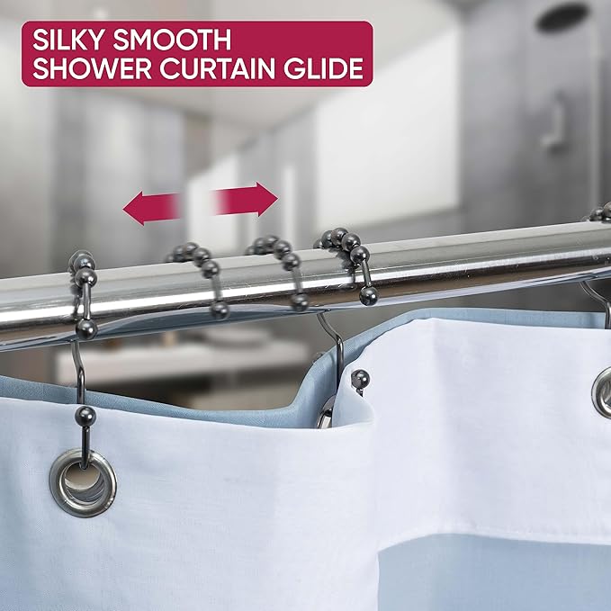 Shower Curtain Hooks Rust Proof (Set of 12) - Stainless Steel Shower Curtain Rings - Anti Slip Roller Balls for Easy Glide (Double Anchor Hooks, Bronze)