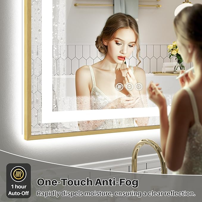 72x40 Inch LED Bathroom Mirror with Gold Frame, Backlit & Front Lit, Anti-Fog Lighted Bathroom Vanity Mirror for Wall, Memory Function, Dimmable, HD Tempered Glass, Shatter-Proof