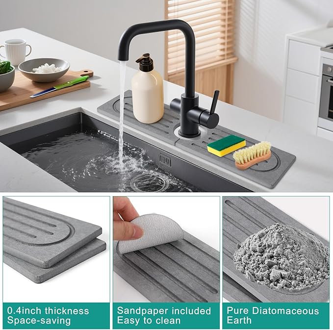 15.7”Drying Stone Faucet Mat for Kitchen Sink-Diatomite Quick Dry Kitchen Sink Splash Guard, Water Absorbent Diatomite Stone Tray,Durable Protector for Bathroom Counter (Grey, 15.7" X 3.9")